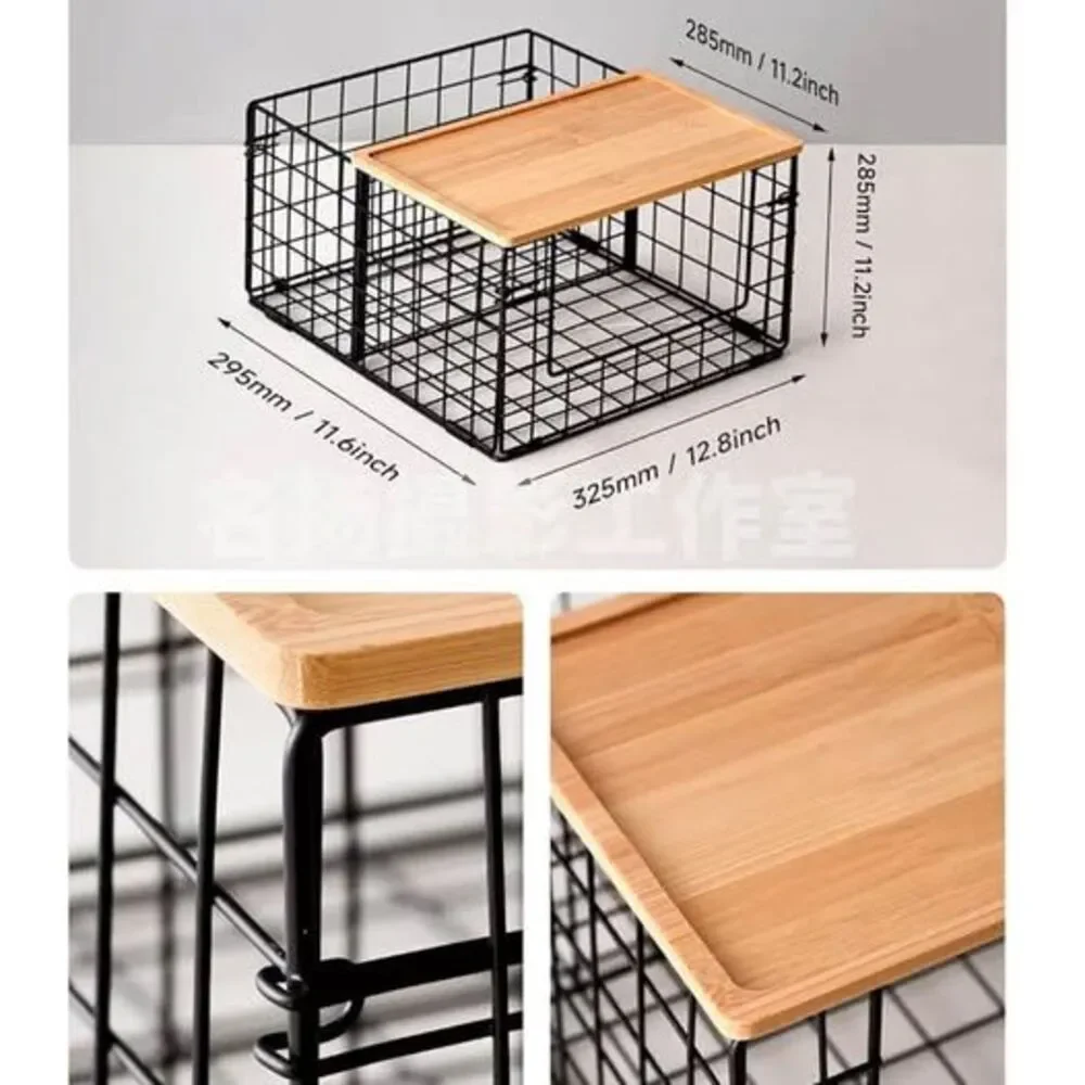 Under Sink Organizer Wire Basket with Bamboo Top Trash Bag Holder